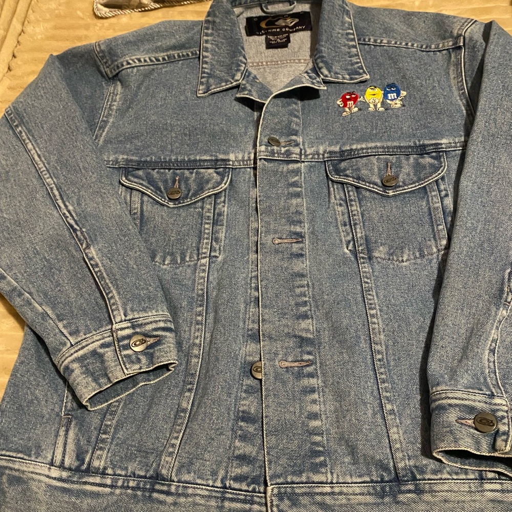 Unique Blue Denim Jacket with M&M Embroidery